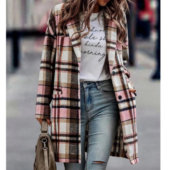 Casual Double Pocket Lapel Neck Plaid print Overcoat Jacket - Picture 6 of 6